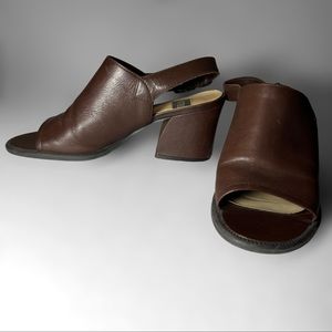 Open Toe Chunky Heel Slingback Mules Pumps Brown Leather Westies 1990s Vintage